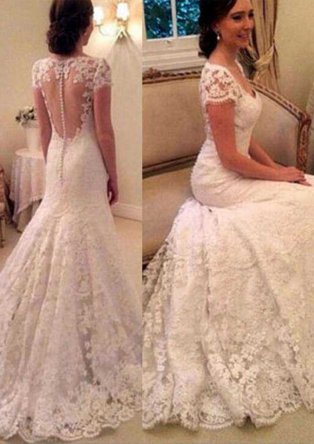 Short Sleeve.Sheath Column Wedding Dress