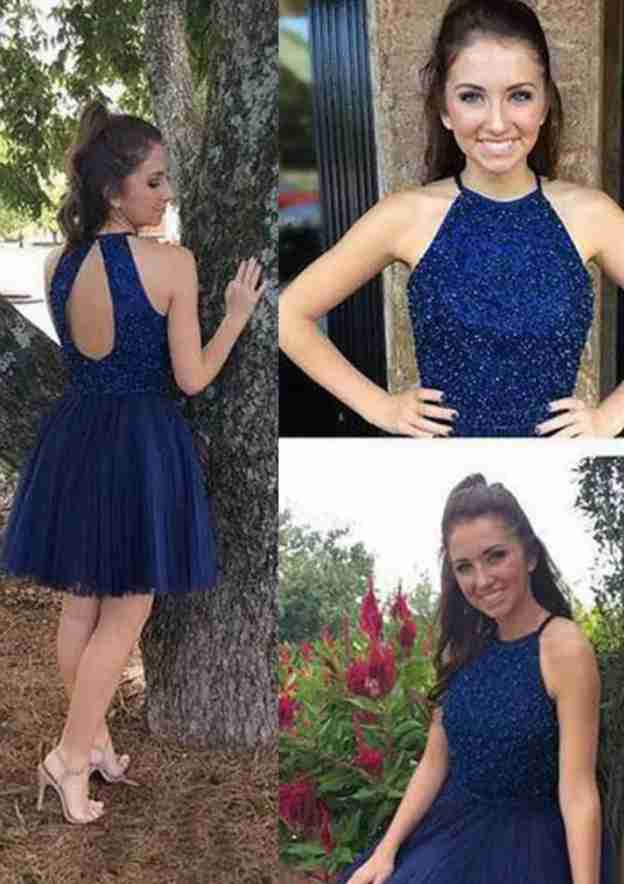 Bateau A-line Straps Cross Back Pink Satin Short Homecoming Dress, Beaded