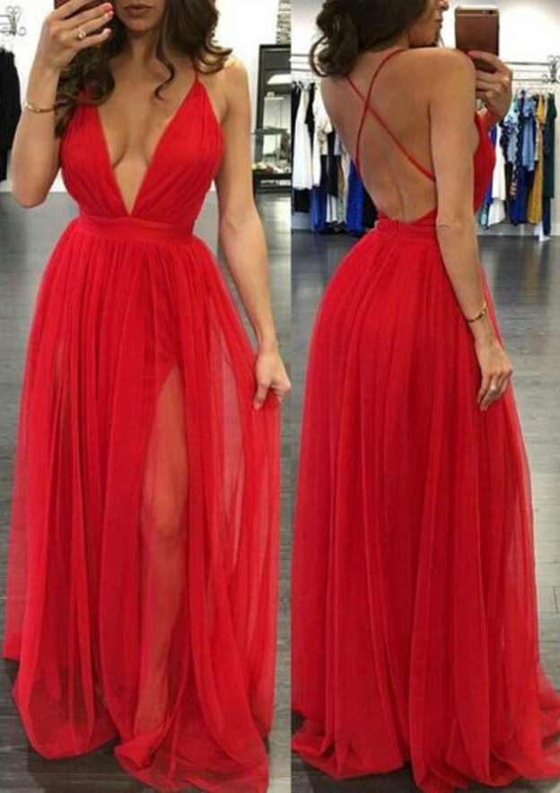A-Line/Princess V-neck Sweep Train Tulle Prom Dresses With Leg Slit main image 1