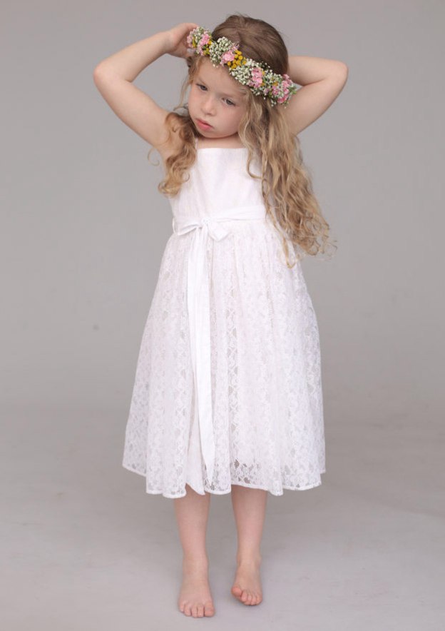 A-line Square Neckline Simple Lace Flower Girl Dresses, FG0113