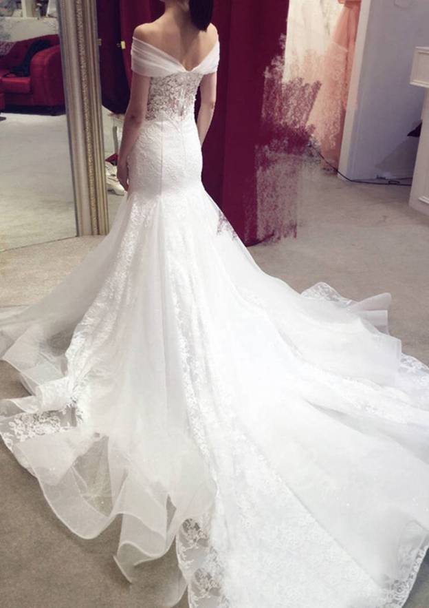 Sheath Column Tulle Chapel Train Off the Shoulder Dress