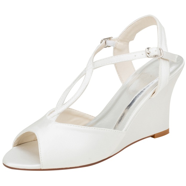 Peep Toe Sandals Wedge Heel Ivory Satin With Buckle Wedding Shoes