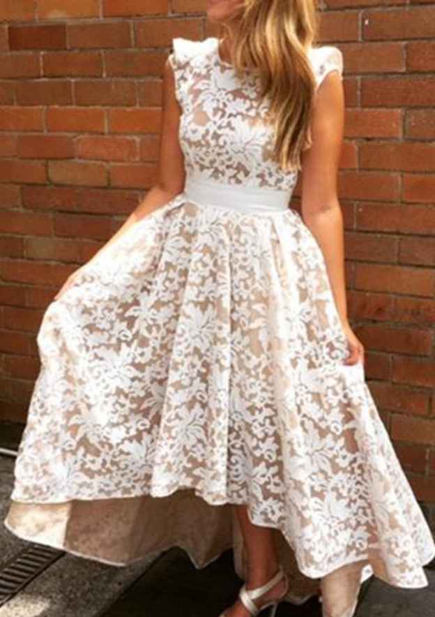 A-Line/Princess Medieval Lace Short Sleeves Asymmetrical Performance Party Dress