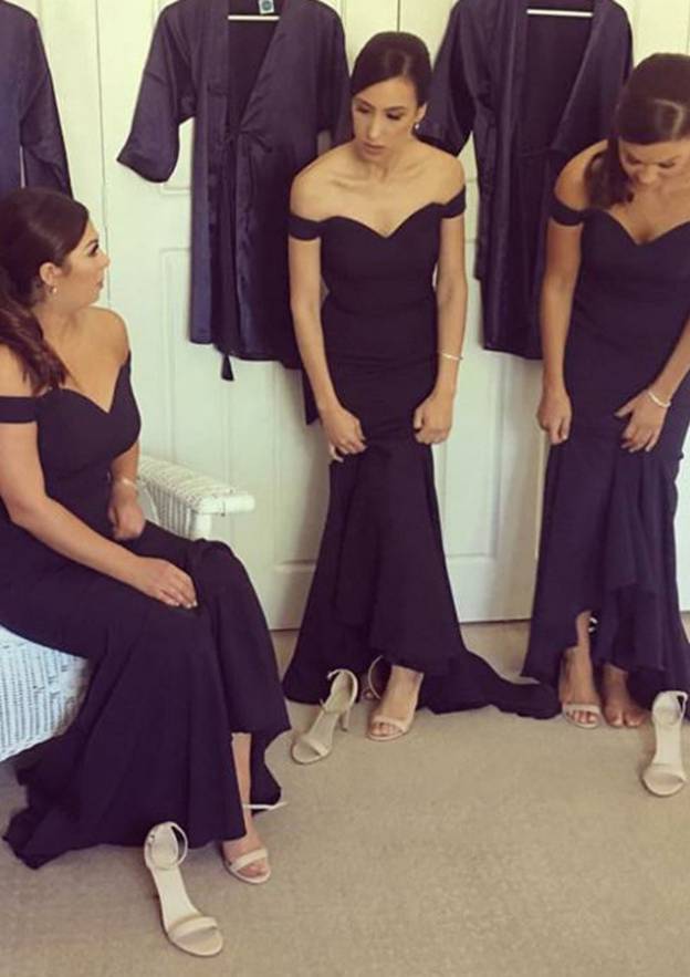 Sheath/Column Off-the-Shoulder Short Sleeves Ruffles Bridesmaid Dresses main image 1