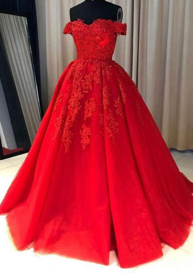 Ball Gown Off-the-Shoulder Sleeveless Court Train Tulle Prom Dress With Pleated Appliqued