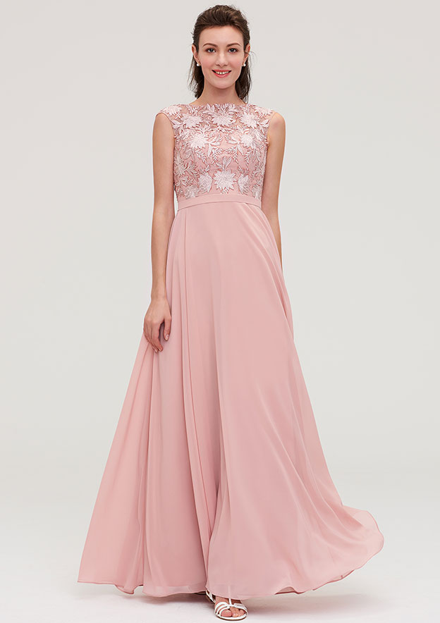 A-Line/Princess Floor-Length Short Sleeves Bridesmaid Dresses with Sash main image 1