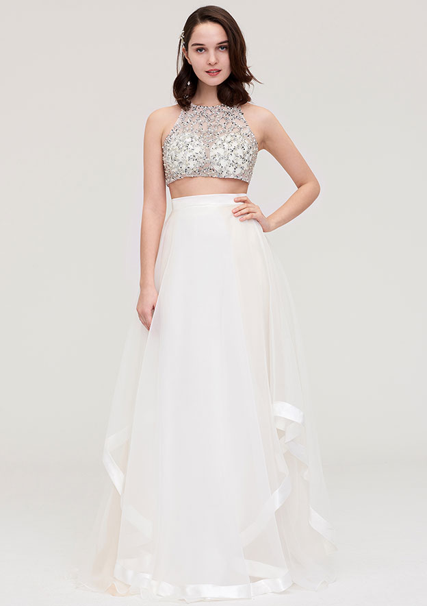 A-Line/Princess Halter Sleeveless Floor-Length Long Formal Evening Dresses With Split Side Sexy main image 1