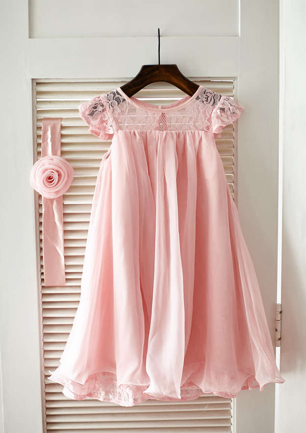 Short Sleeves Knee-Length Princess Flower Girl Lace Party Dress with Crystal Appliques