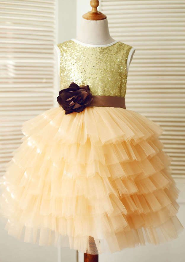A-Line/Princess Sheer Neck Tulle Flower Girl Dresses with Applique
