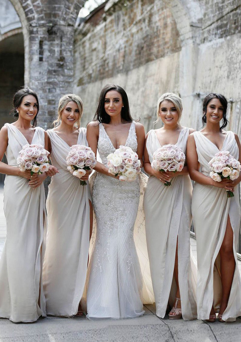 white christmas dresses Lavetir Fuchsia Sheath/Column Cowl Neck Sleeveless Floor-Length Chiffon Bridesmaid Dresses with Split Side 2026