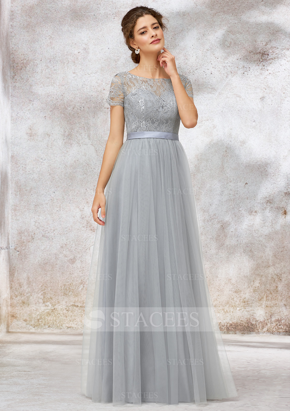 Stacees Bridesmaid Dresses Tulle A-Line Long Short Sleeve Lace