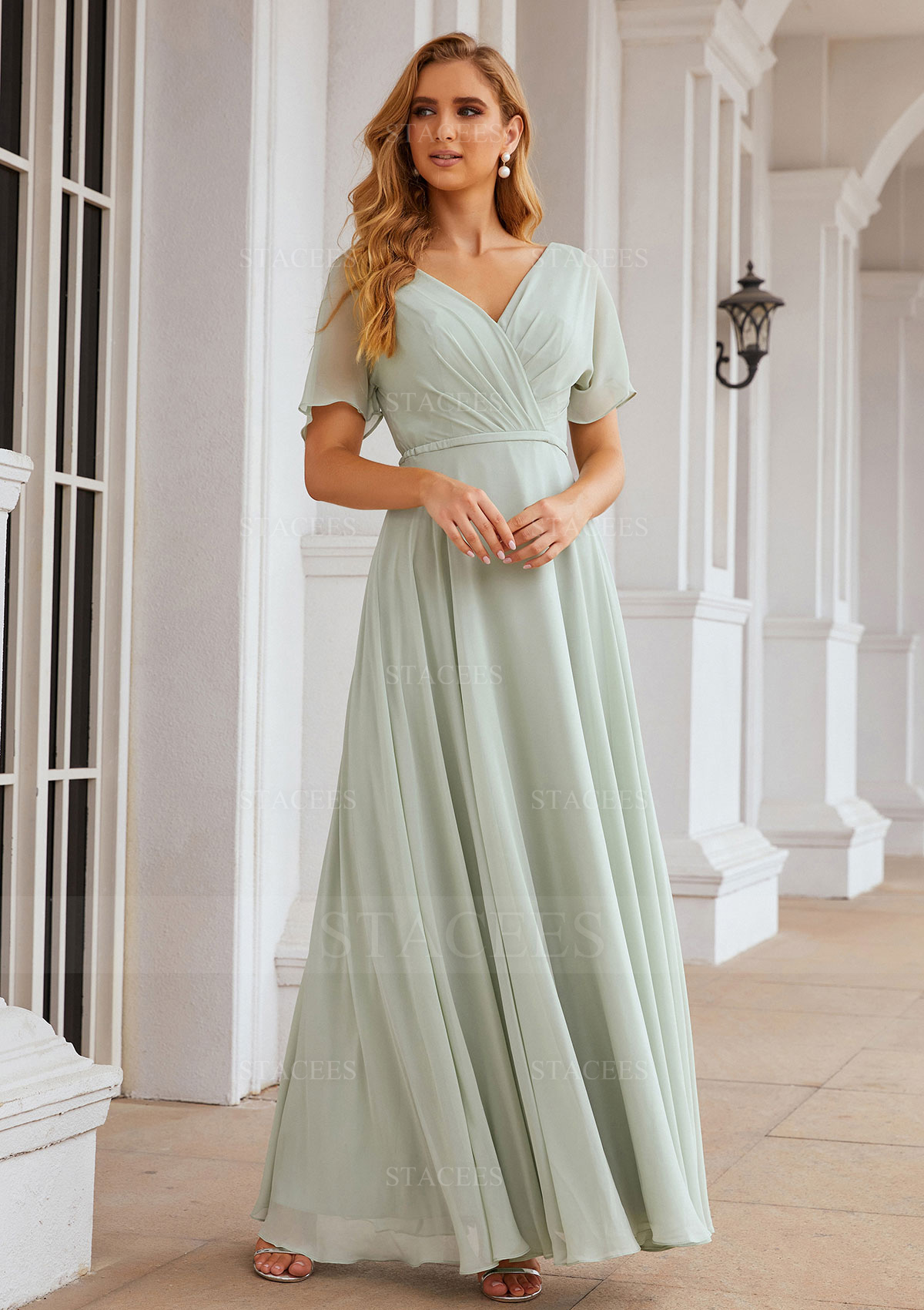 Stacees Bridesmaid Dress A-line V Neck Short Sleeve Chiffon Long/Floor-Length Pleated Waistband - Sage Green