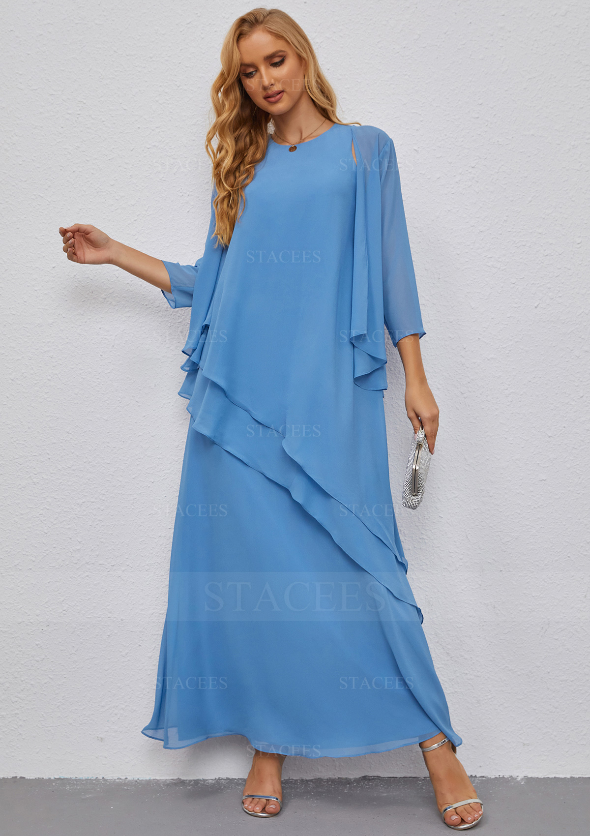 Stacees Mother of The Bride Dress A-Line Scoop Neck Long/Floor-Length Chiffon Ruffles Jacket