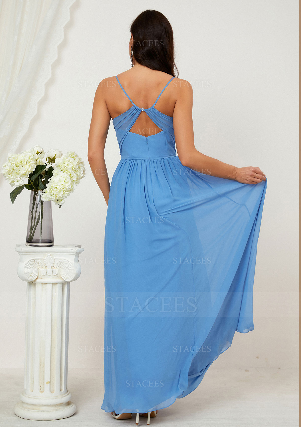 Keyhole Back A-line Long Split Chiffon Bridesmaid Dress With Pleated - Bridesmaid  Dresses
