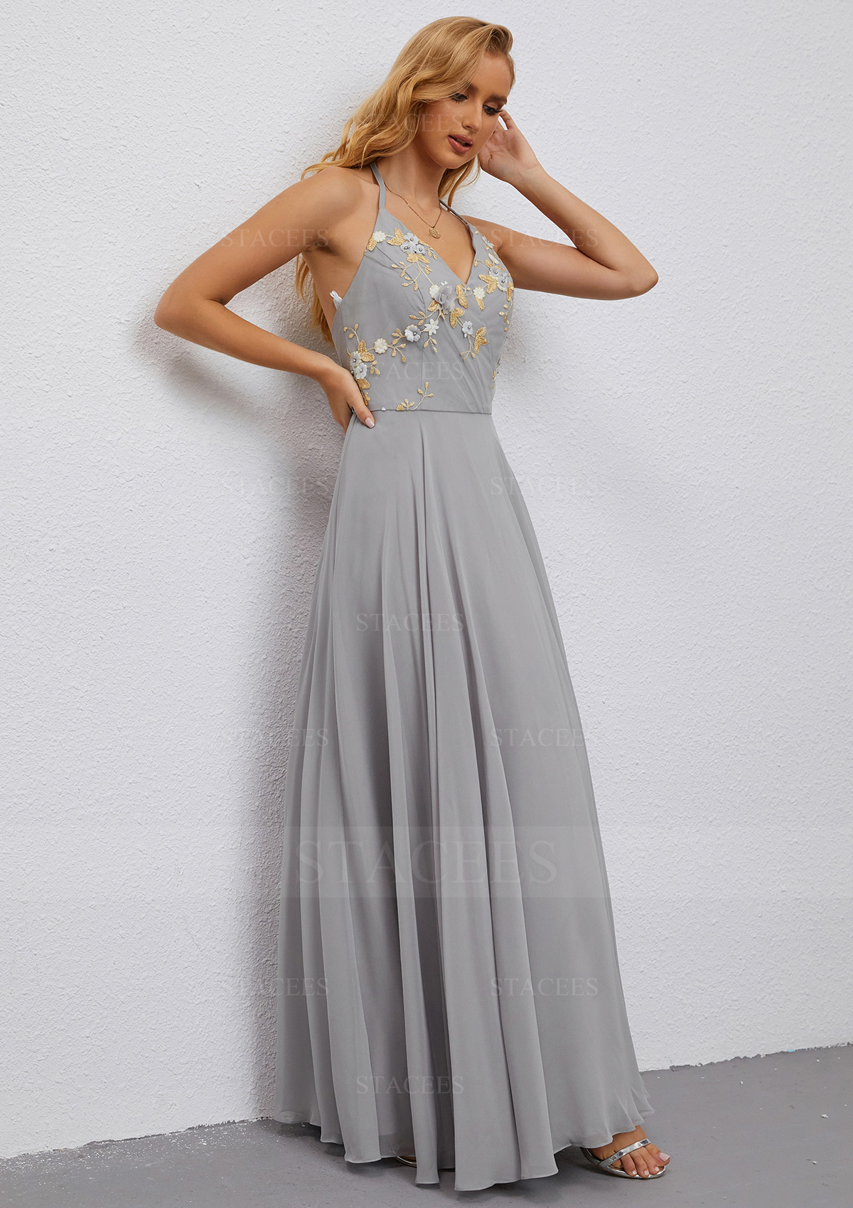 slim fit dress slacks Custom Made A Line Grey/Gray Backless Chiffon Prom Dresses, Backless B –  jbydress main image 1