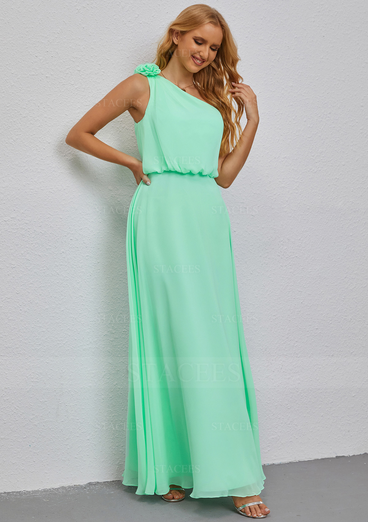 A-line Empire One-Shoulder Long/Floor-Length Chiffon Bridesmaid Dress With  Ruffles Shoulder Flower - Bridesmaid Dresses - Stacees