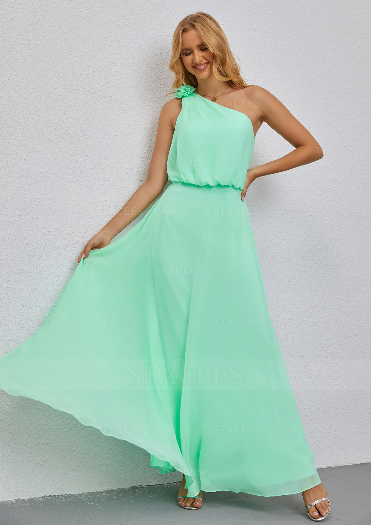 chinese dress ladies A-line One Shoulder Floor-Length Chiffon Bridesmaid Dress With 3D Flor main image 0