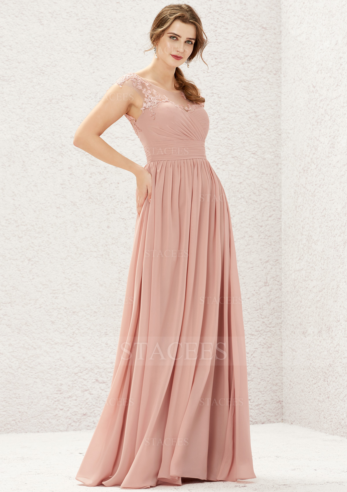 Stacees Bridesmaid Dress A-line Illusion Neck Chiffon Long/Floor-Length Appliqued Pleated - Dusty Pink
