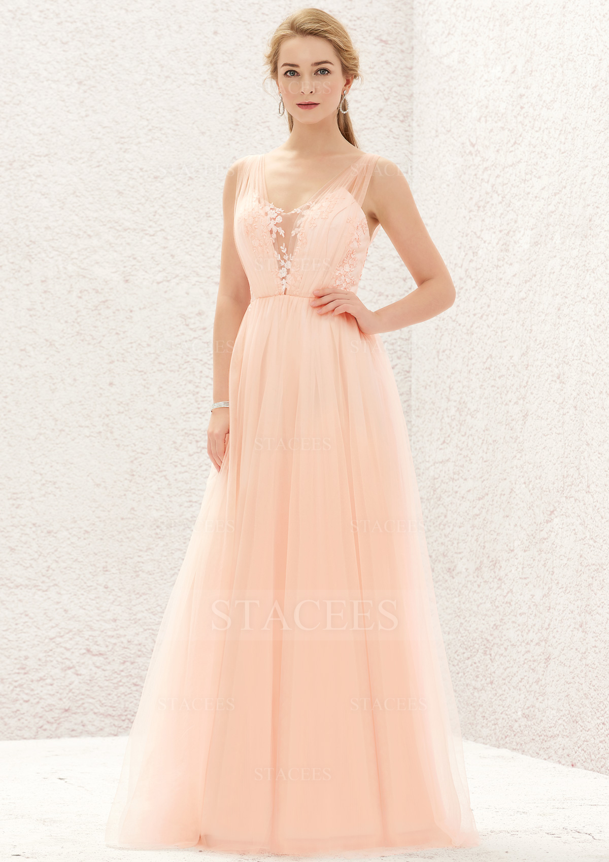 A-line Princess V Neck Sleeveless Tulle Satin Long/Floor-Length
