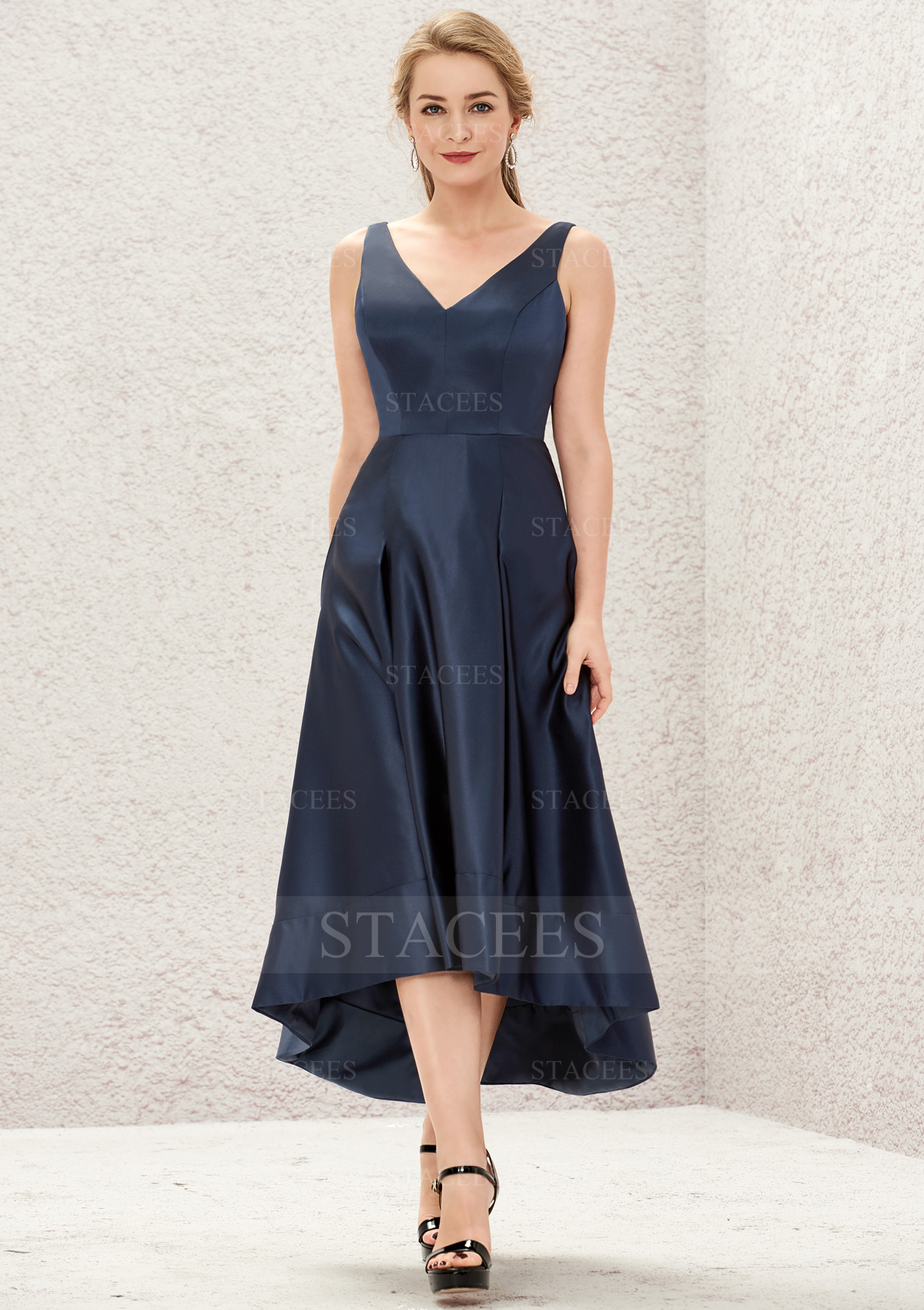 A-line V Neck Asymmetrical Satin Bridesmaid Dress With