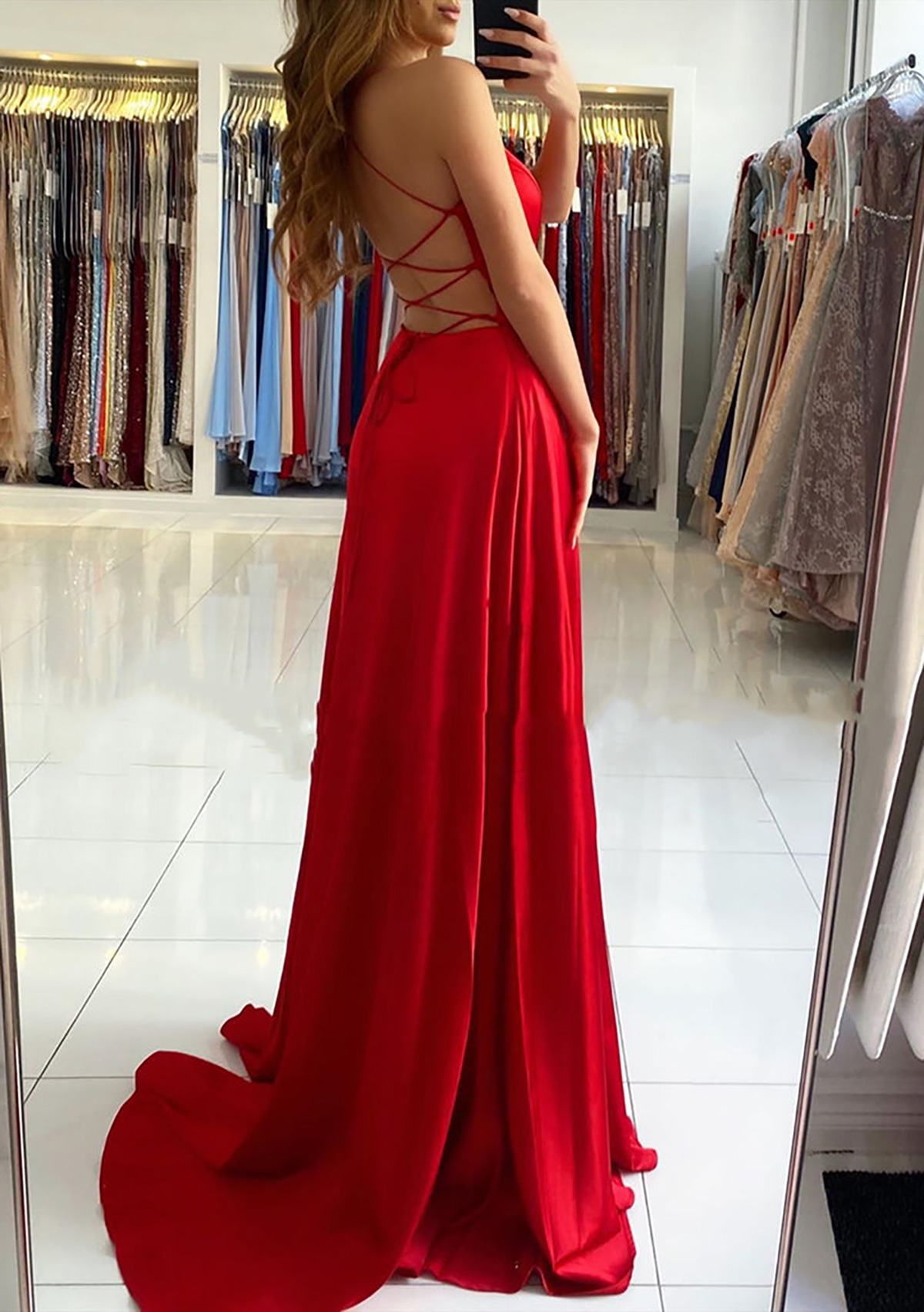 A-line V Neck Sleeveless Charmeuse Sweep Train Prom Dress With Split - Prom  Dresses - Stacees.co.uk
