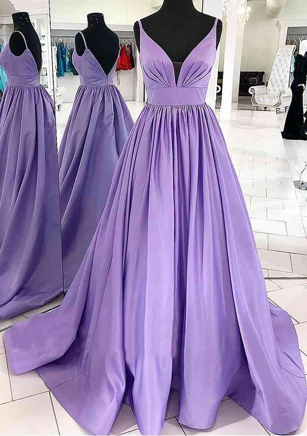 A Line V Neck Dark Blue Satin Sweep Train Prom Dress LBQ0829 main image 1