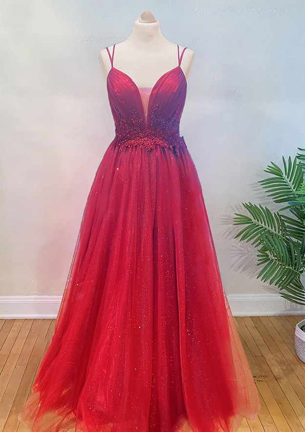 Simple A-Line V Neck Tulle Spaghetti Straps Long Prom Dress,DP1405