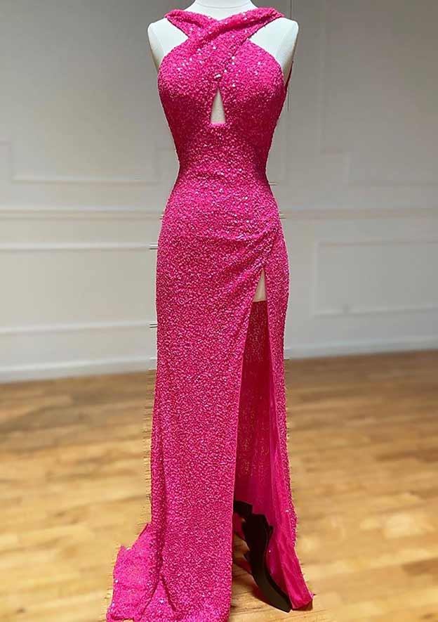 Sheath/Column V Neck Spaghetti Straps Long/Floor-Length Velvet Sequins Prom Dress With Split LF084