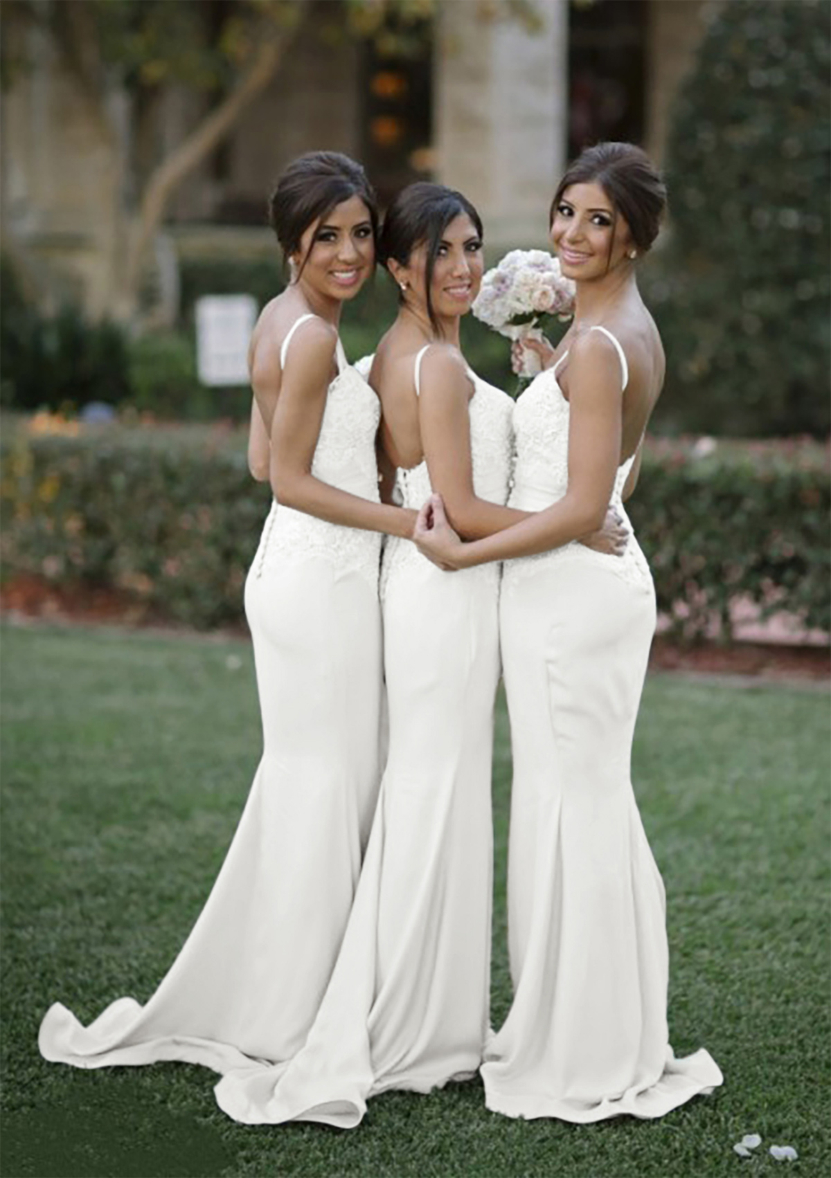 Sheath/Column Sweetheart Court Train Elastic Satin Bridesmaid Dresses With  Lace