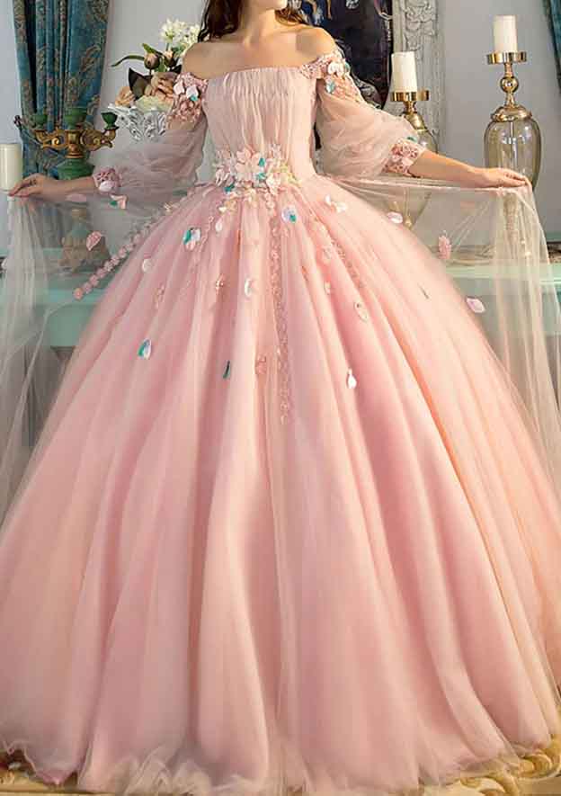 A-line Off-the-Shoulder Full/Long Sleeve Long/Floor-Length Tulle Prom Dress With Pleated