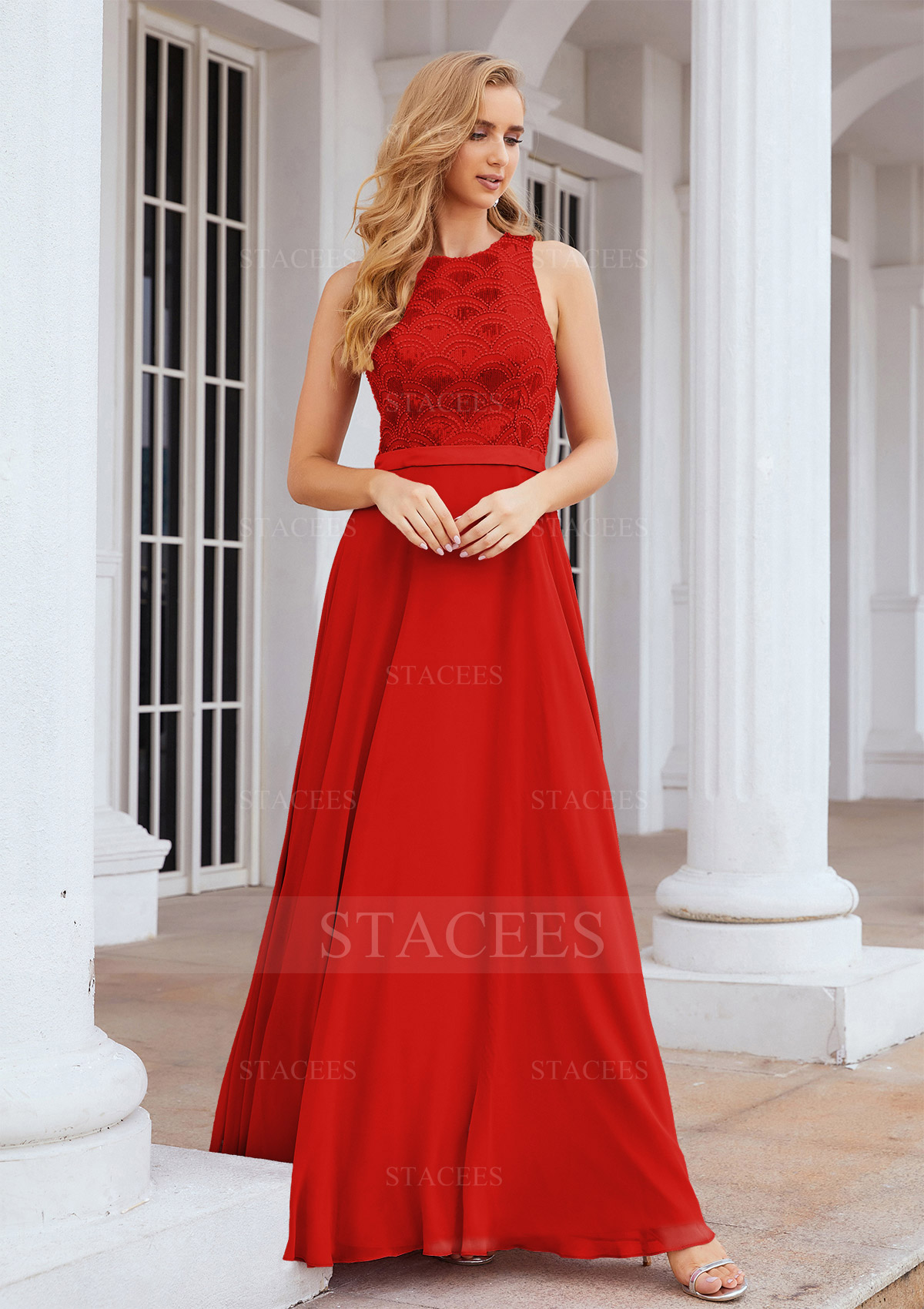 A-line Empire Scalloped Neck Sleeveless Chiffon Long/Floor-Length  Bridesmaid Dress With Beading Sequins - Bridesmaid Dresses - Stacees
