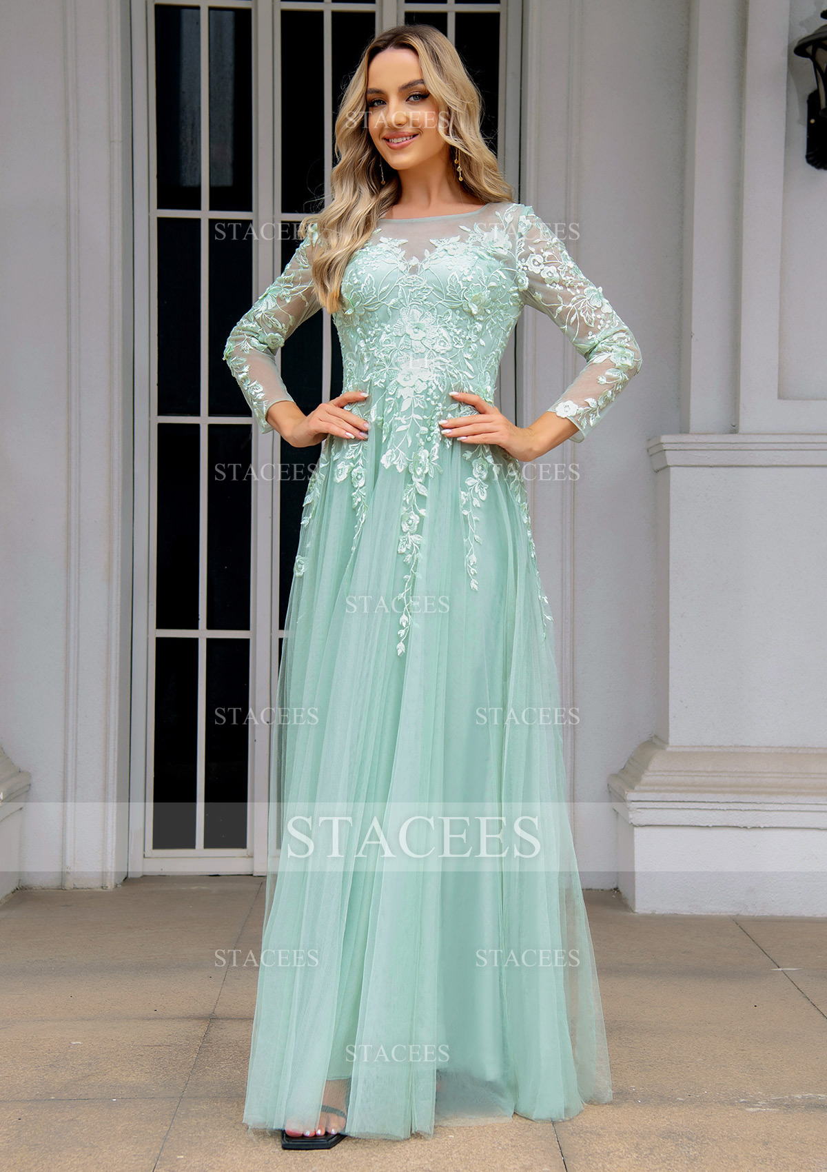 A-line Illusion Neck Full/Long Sleeve Long/Floor-Length Tulle Prom Dress with Appliqued - Prom Dresses - Stacees A-line Illusion Neck Full/Long Sleeve Long/Floor-Length Tulle Prom Dress with Appliqued - Prom Dresses - Stacees