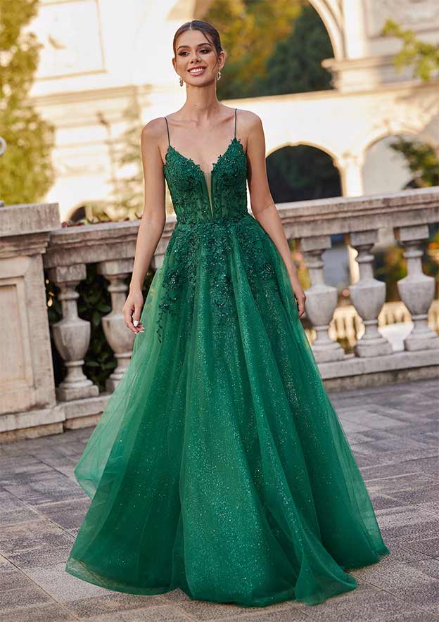 Gorgeous Princess Tulle Prom Dress with Lace Sheer Top and Beads