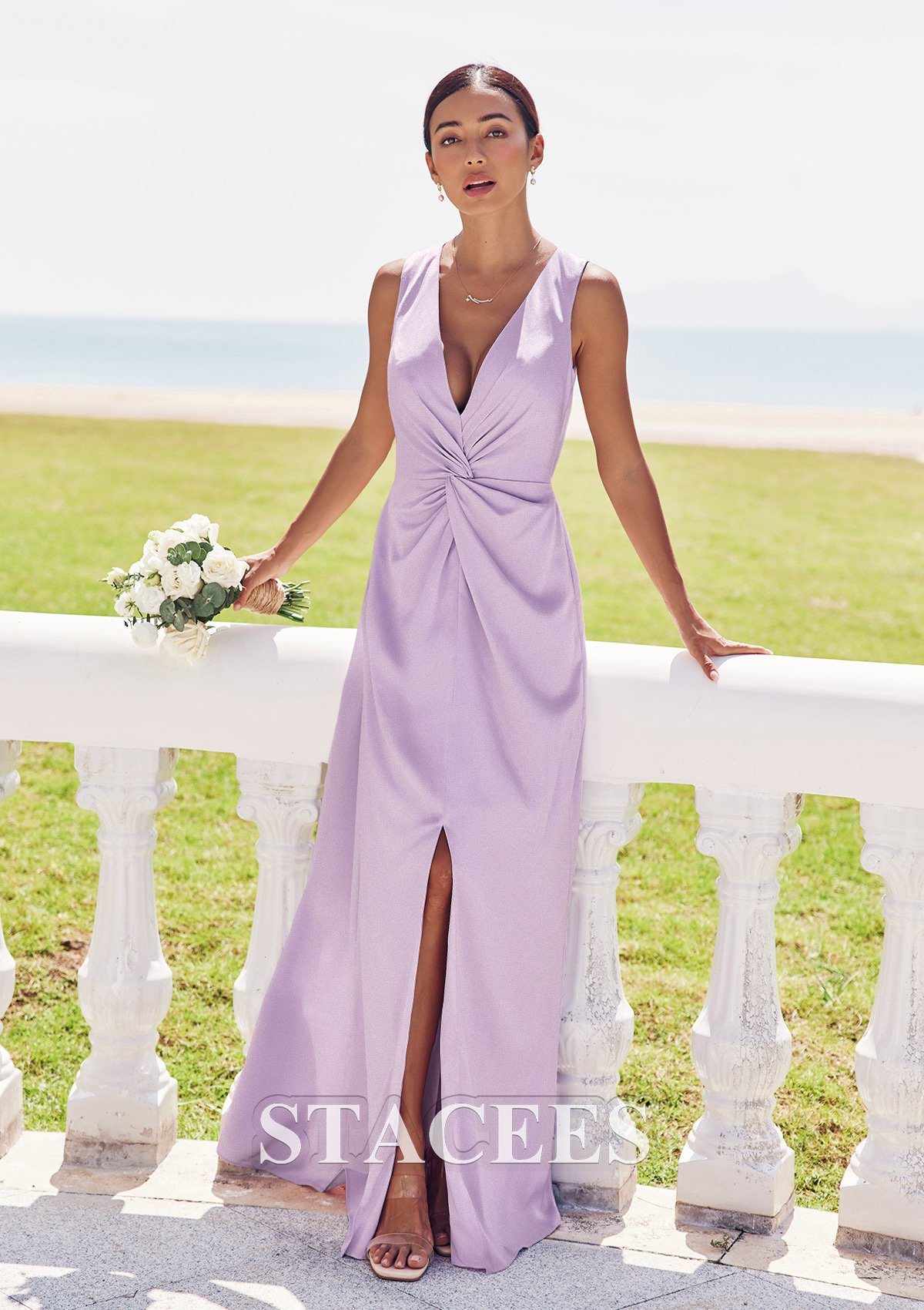 Fancy V Neck A-Line Bridesmaid Dress with Pleated Bodice and Sexy Leg Slit Satin Wedding Guest,BG938