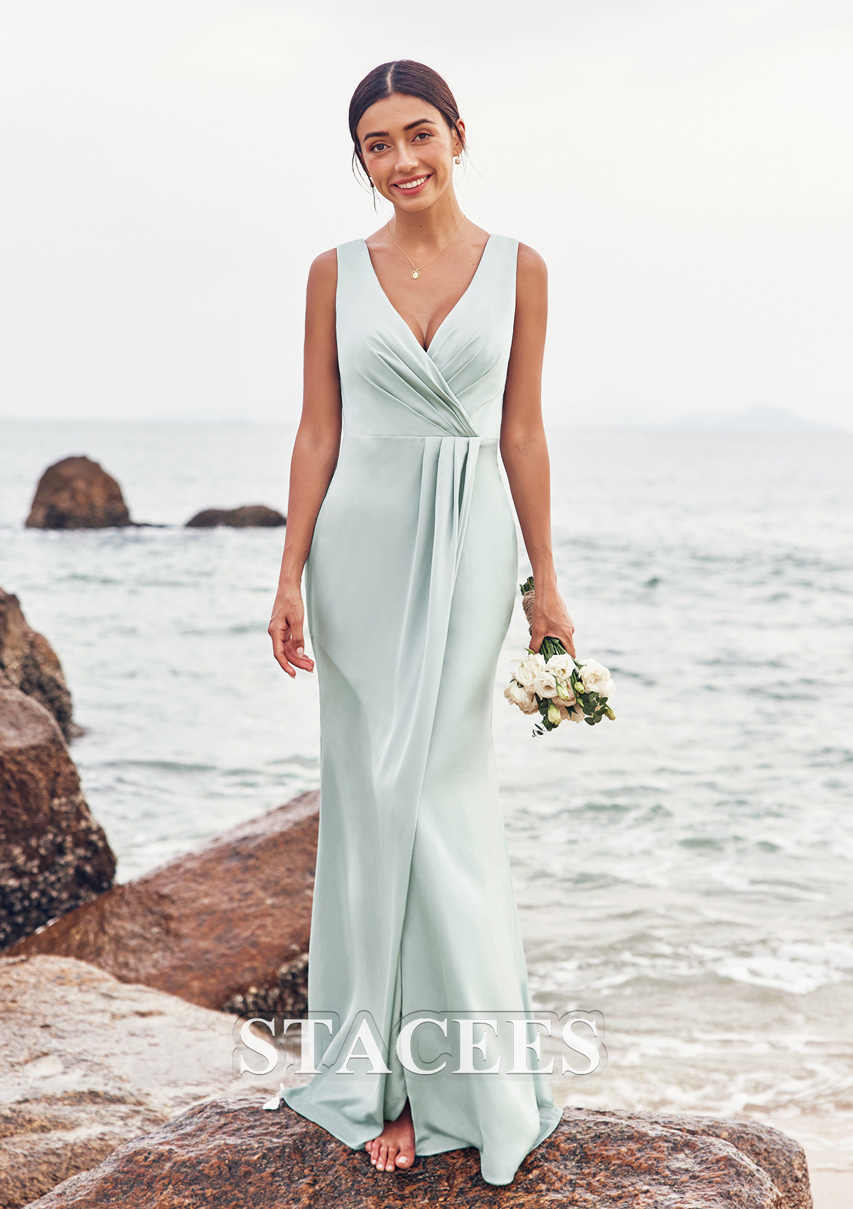Rust Stretch Satin Bridesmaid Dresses Sheath/Column Straps V Back Floor Length Stretch Satin Bridesmaid Dress
