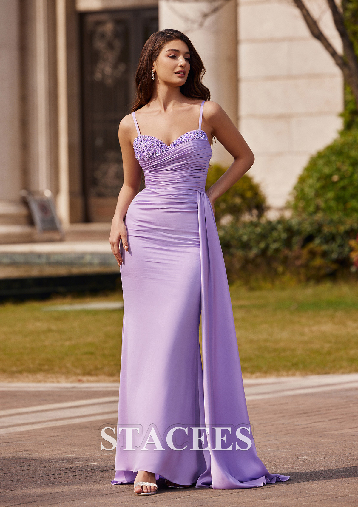 Trumpet/Mermaid Sweetheart Sweep Train Silky Satin Prom Dresses With Pleated Rhinestone main image 0