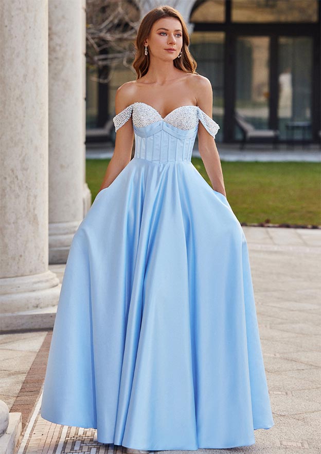 Noble tight fitting/straight tube satin pleated off shoulder sleeveless and ground length prom dress main image 0