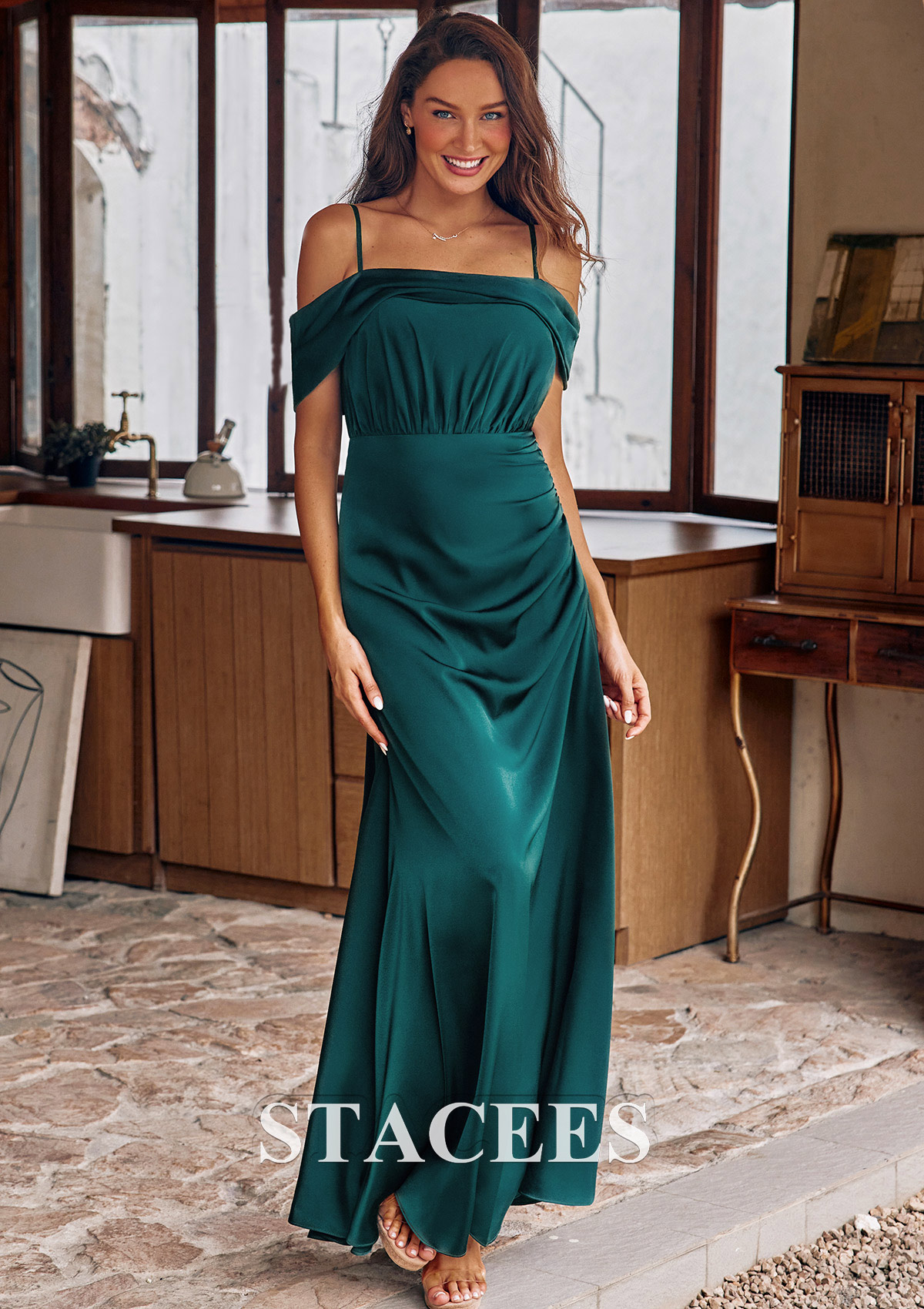 Bridesmaid Dress Ivory Off The Shoulder Floor Length Stretch Satin Bridesmaid Dress With Pockets