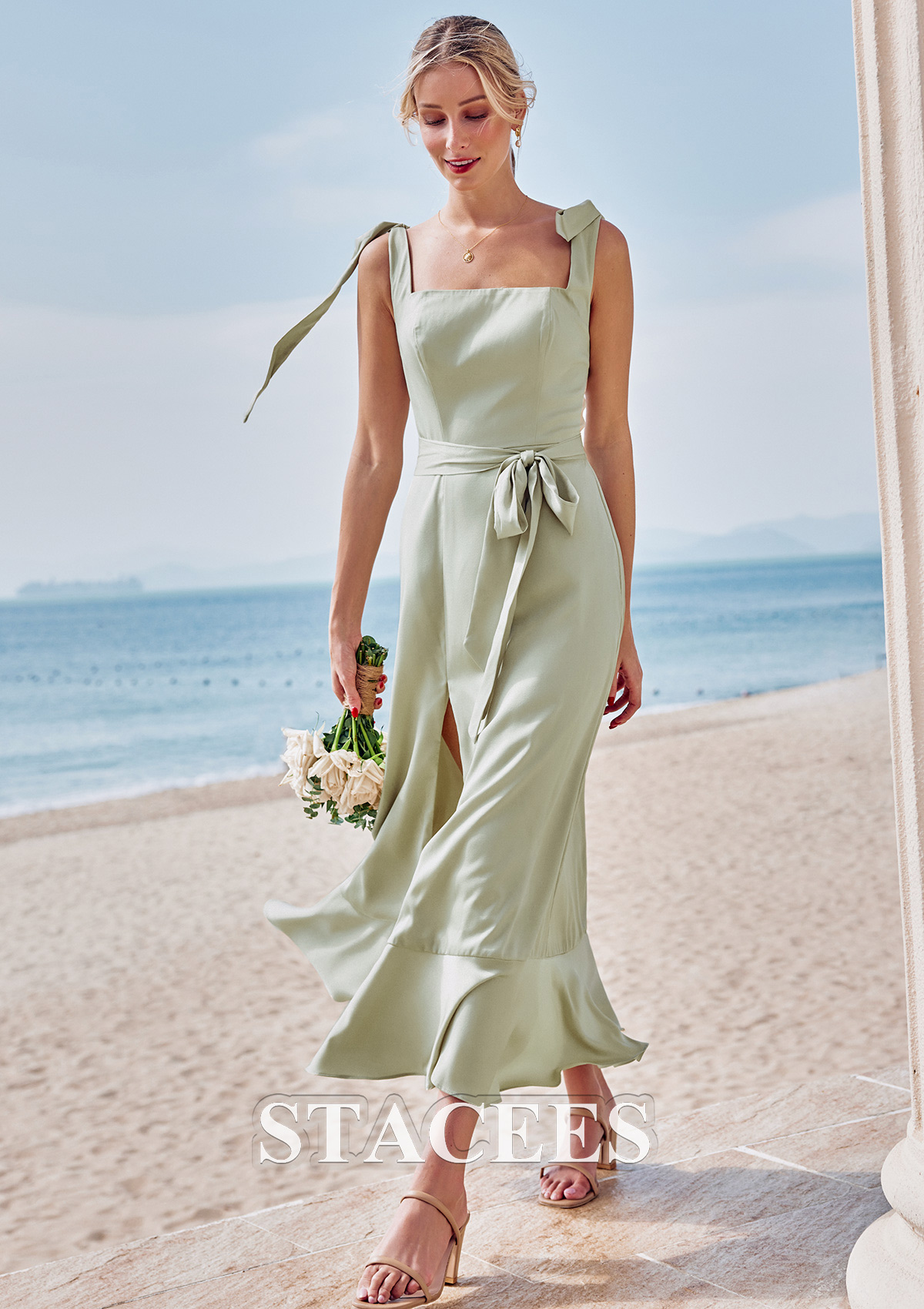 Regency Bridesmaid Dresses Sheath/Column Square Neckline Straps Sleeveless Stretch Satin Bridesmaid Dresses