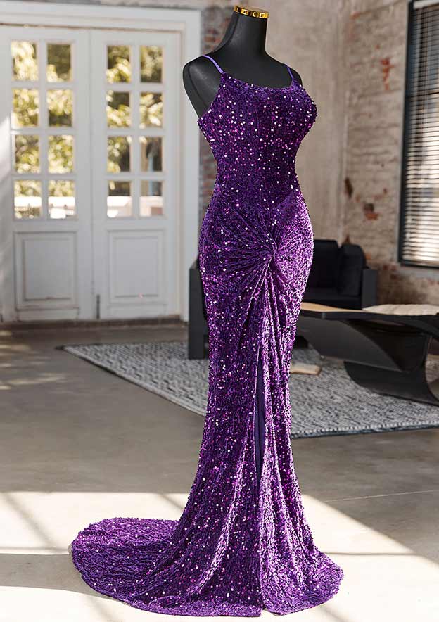 Sheath/Column Scoop Neck Sleeveless Court Train Velvet Sequins Prom Dress with Split Pleated