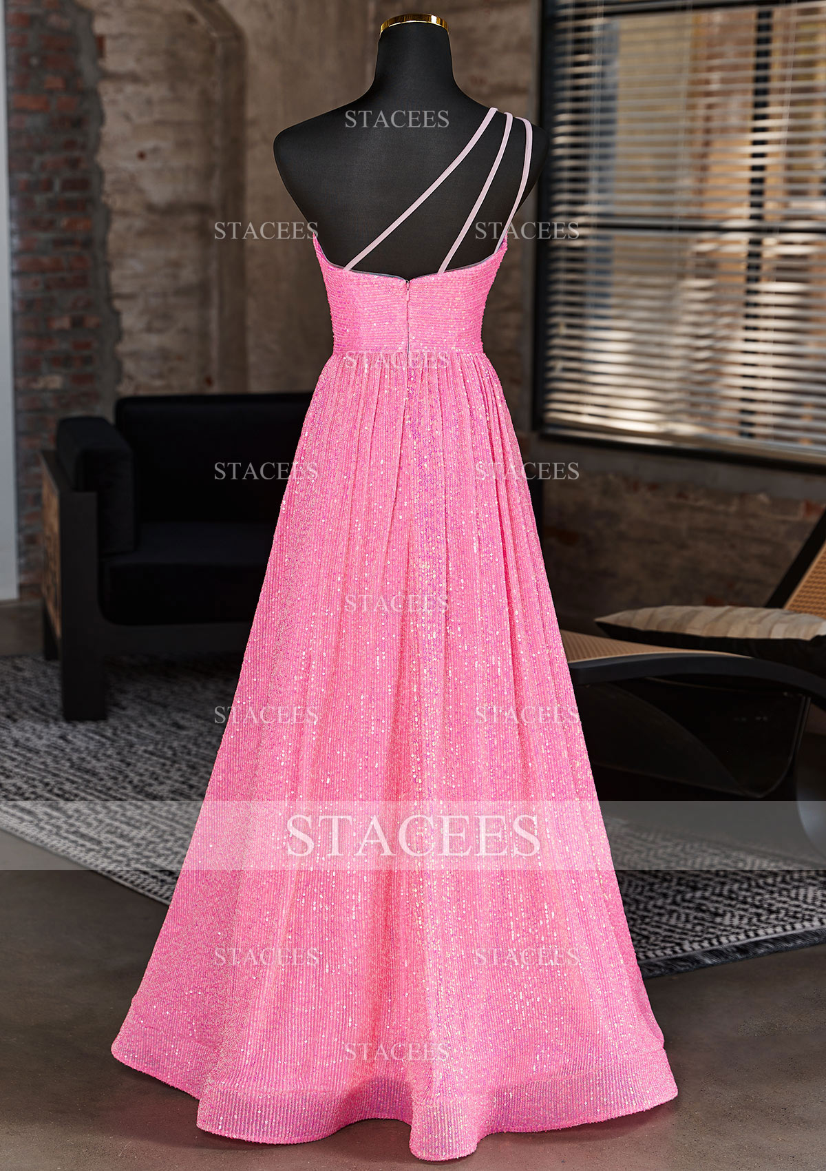 A-line One-Shoulder Sleeveless Floor-Length Sequined Prom Dress with  Pockets S7911P - Prom Dresses - Stacees