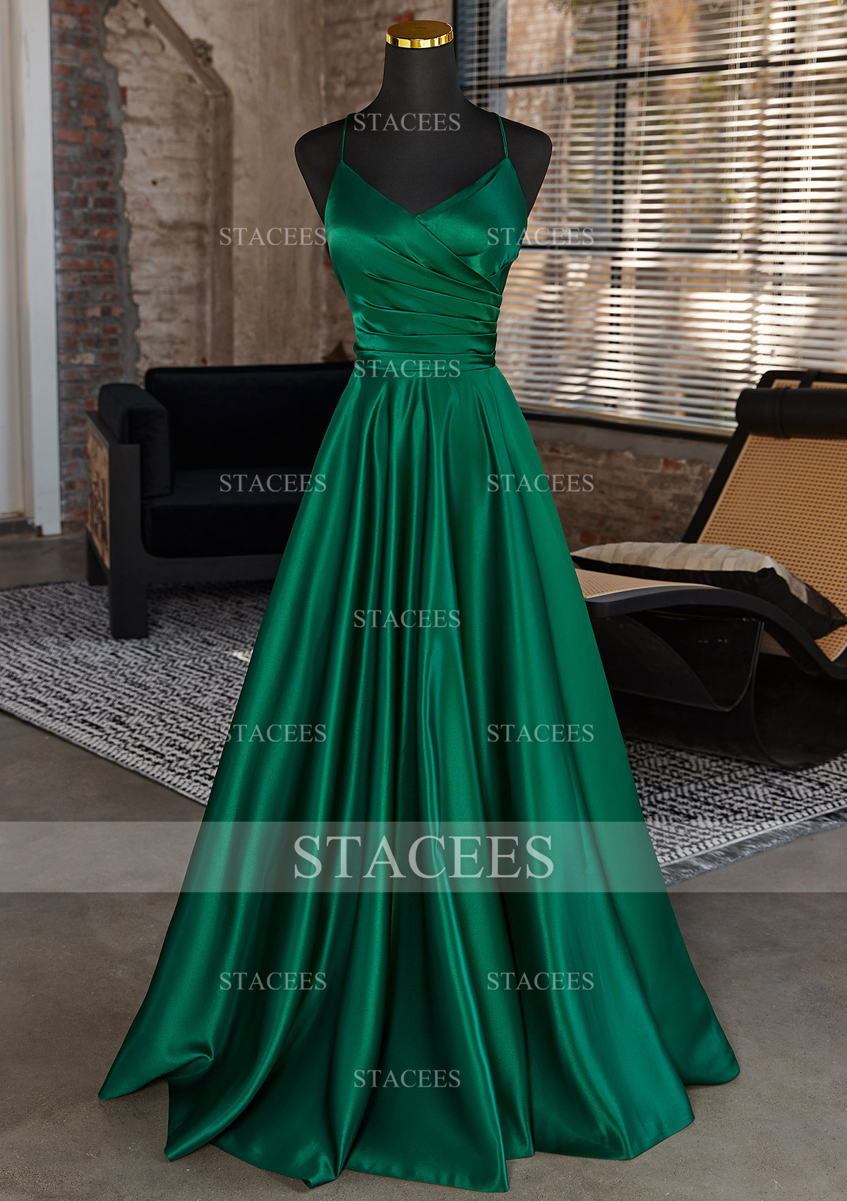 Classy Green Satin Pleated Prom Dress A Line Evening Dress Y7815 main image 1