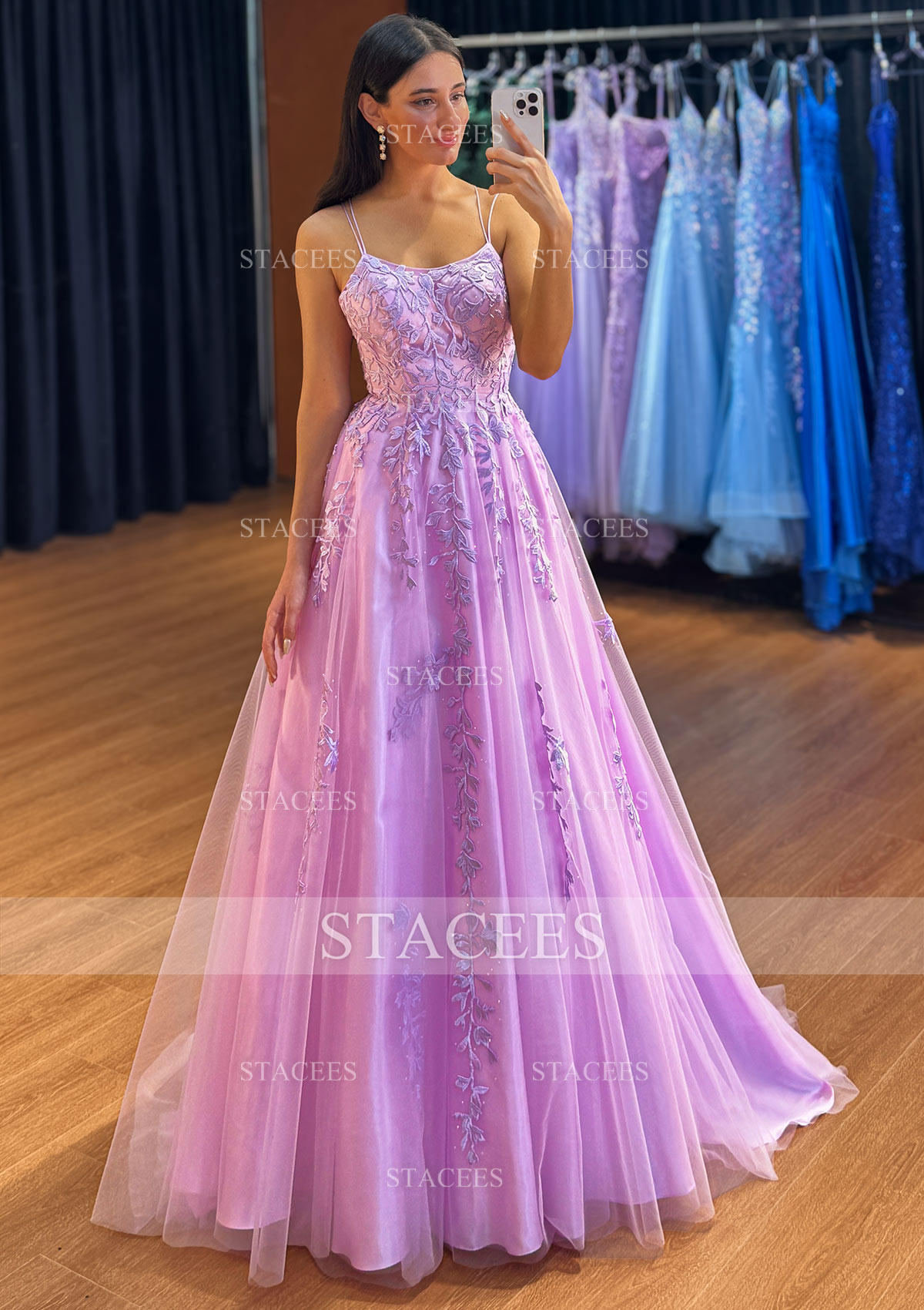 A-line Princess Square Neckline Sleeveless Lace Sweep Train Prom