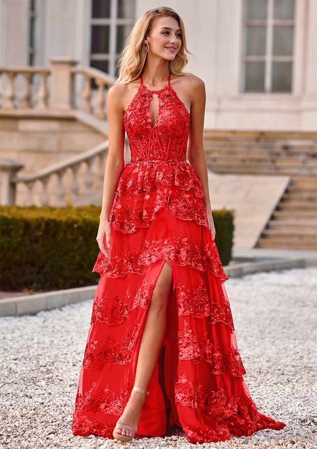 Halter High Side Slit and Train Prom Dress WU1433