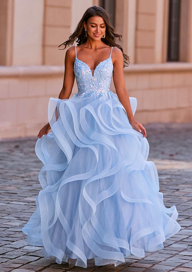 Aline Princess Tulle Prom Dress V Neck FloorLength with Appliqued