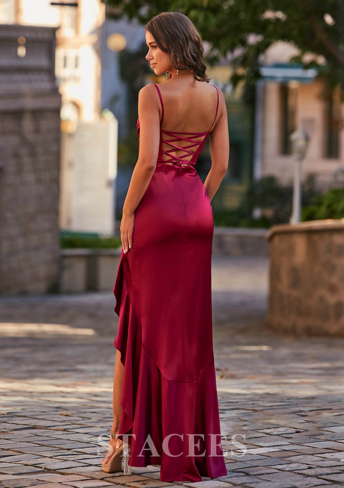 Sheath/Column Cowl Neck Satin Asymmetrical Prom Dress with Pleated