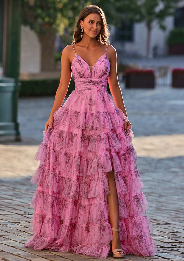 A-line Tulle Prom Dress V Neck Sweep Train with Pleated Ruffles