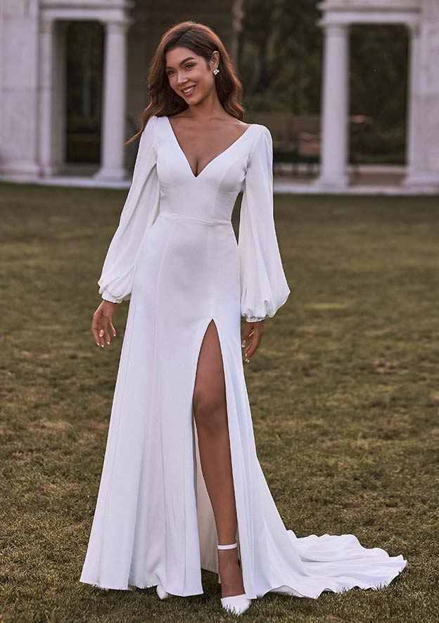 A-line V Neck Elastic Satin Stretch Crepe Court Train Wedding Dress with  Split S3027W - Wedding Dresses - Stacees