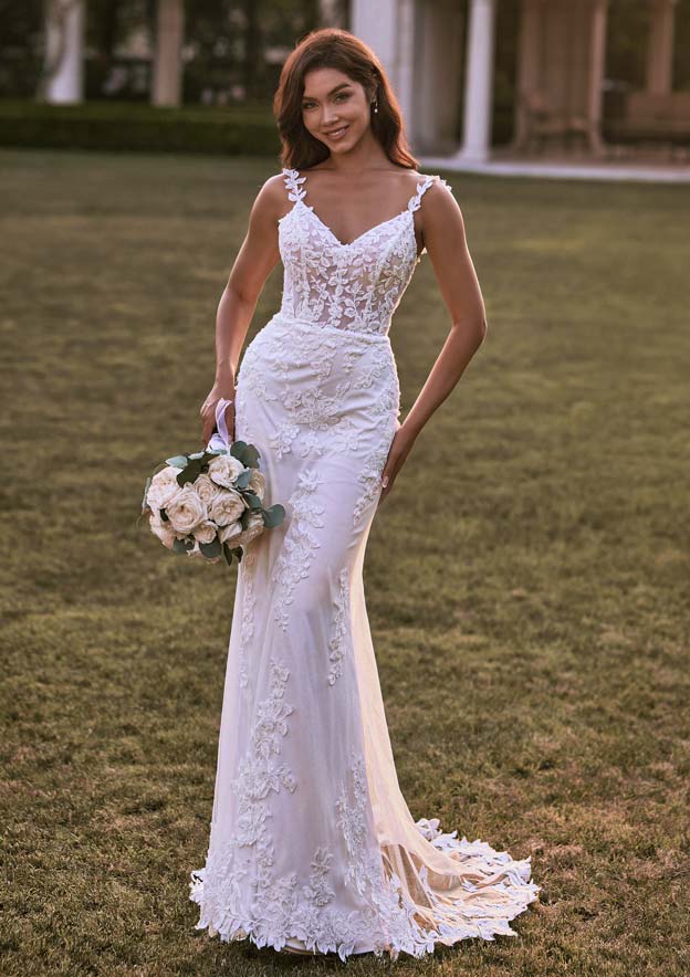 A-line Trumpet/Mermaid V Neck Lace Chapel Train Wedding Dress S3054W - Wedding Dresses - Stacees A-line Trumpet/Mermaid V Neck Lace Chapel Train Wedding Dress S3054W - Wedding Dresses - Stacees
