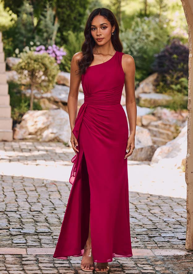 one shoulder chiffon asymmetric dress Asymmetrical Ruffled Neck One Sleeve Slit Organza Designer Bridal Dress main image 0
